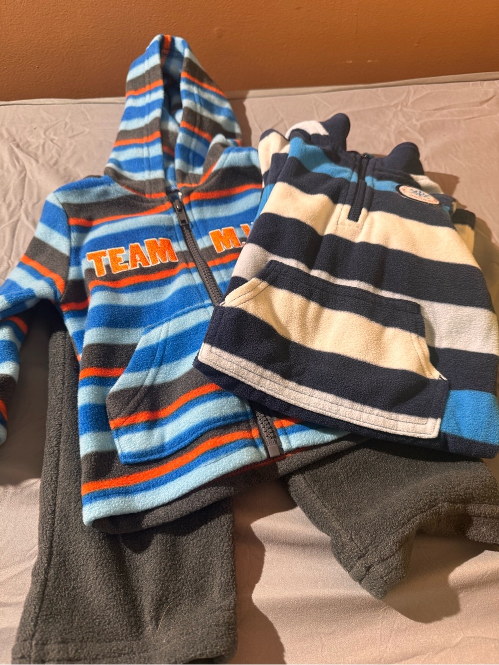 Striped Blue & Orange Fleece Hoodie and Pants Set - Kids 12 months